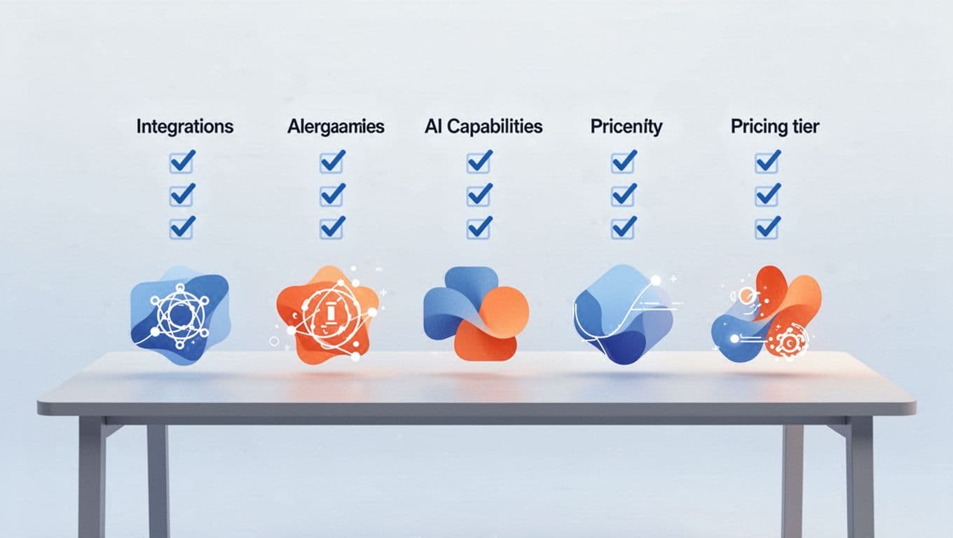 Clean illustrative comparison chart displaying icons of Make, n8n, Gumloop, Zapier, and Parabola side by side on a simple table, with checkmarks for features like integrations, AI, and pricing. Modern style using clean shapes, blue-orange palette, grid composition, and flat lighting.