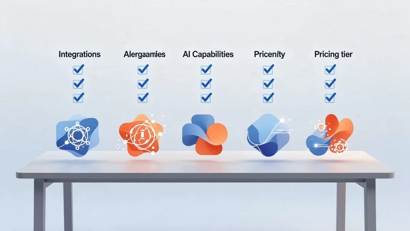 Clean illustrative comparison chart displaying icons of Make, n8n, Gumloop, Zapier, and Parabola side by side on a simple table, with checkmarks for features like integrations, AI, and pricing. Modern style using clean shapes, blue-orange palette, grid composition, and flat lighting.