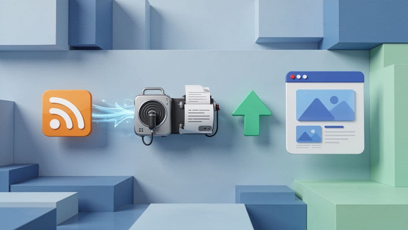 Horizontal flow diagram in blues and greens links podcast microphone icon to transcription waves and upload arrow.