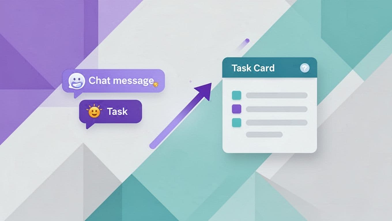 Modern flat illustration in purple, teal, and light grays depicting a Zapier Zap automating a Slack chat bubble message into a Trello task card via an arrow.
