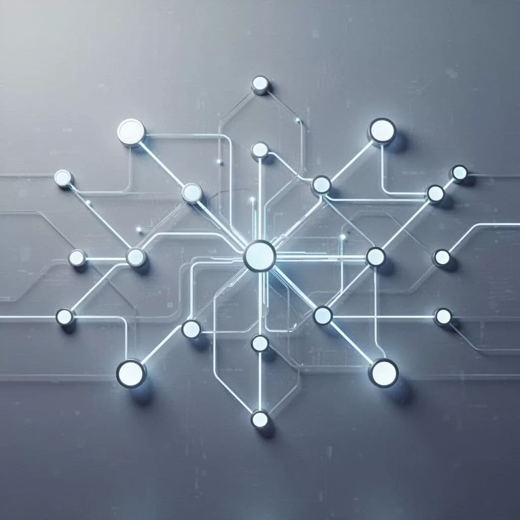 Glowing geometric nodes connect through thin, luminous lines against a dark background to visualize complex information streams. Soft pastel orbs float within the structured network, highlighting rhythmic digital movement and connectivity.