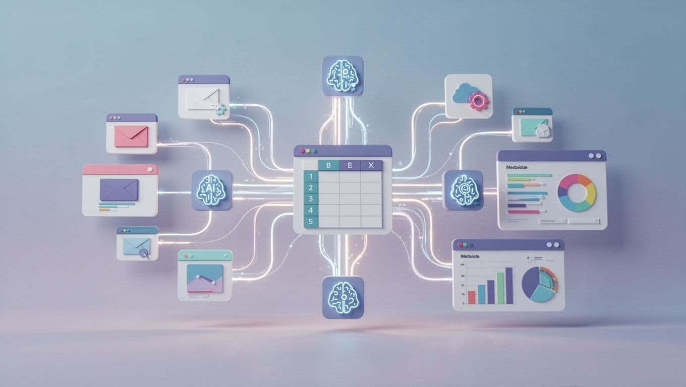 Data flows from multiple websites through nodes to central spreadsheet and dashboard with glowing connections.