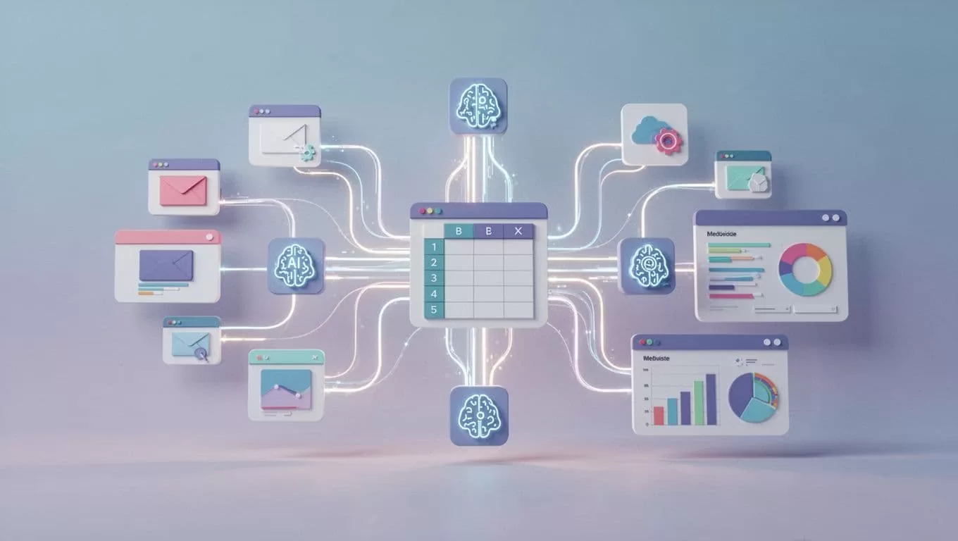 Data flows from multiple websites through nodes to central spreadsheet and dashboard with glowing connections.