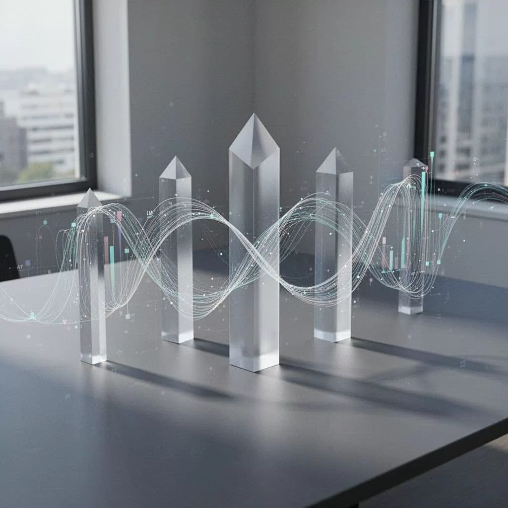 Geometric shapes and lines represent automated data flows in a clean professional workspace.