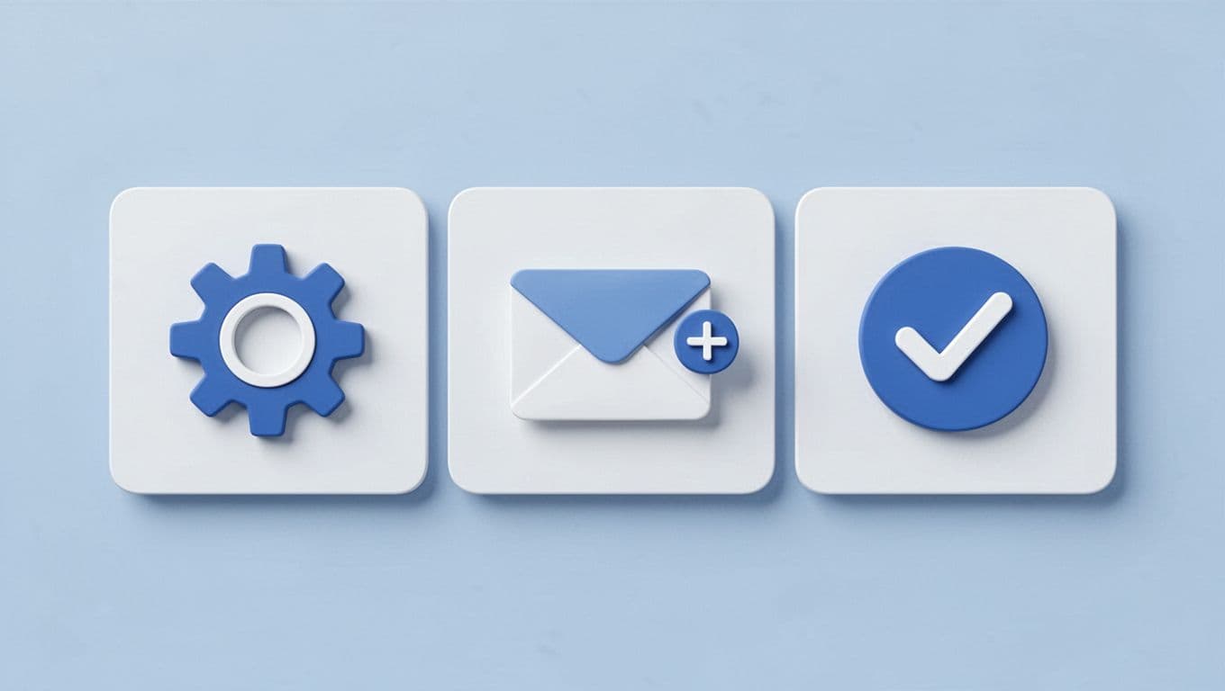 Three panels on digital board show group settings, adding email alias, and confirmation icons.