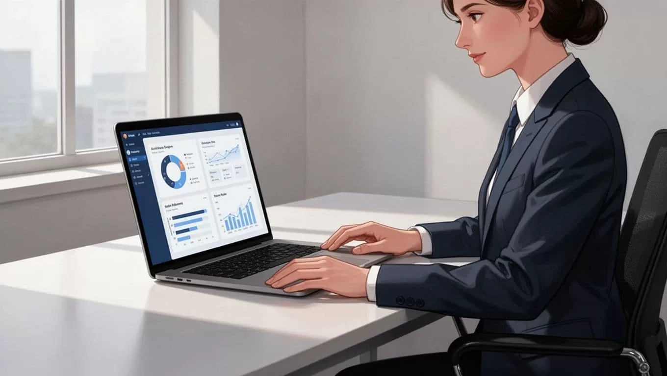 Business administrator sits at modern desk with laptop showing abstract admin interface for email aliases.