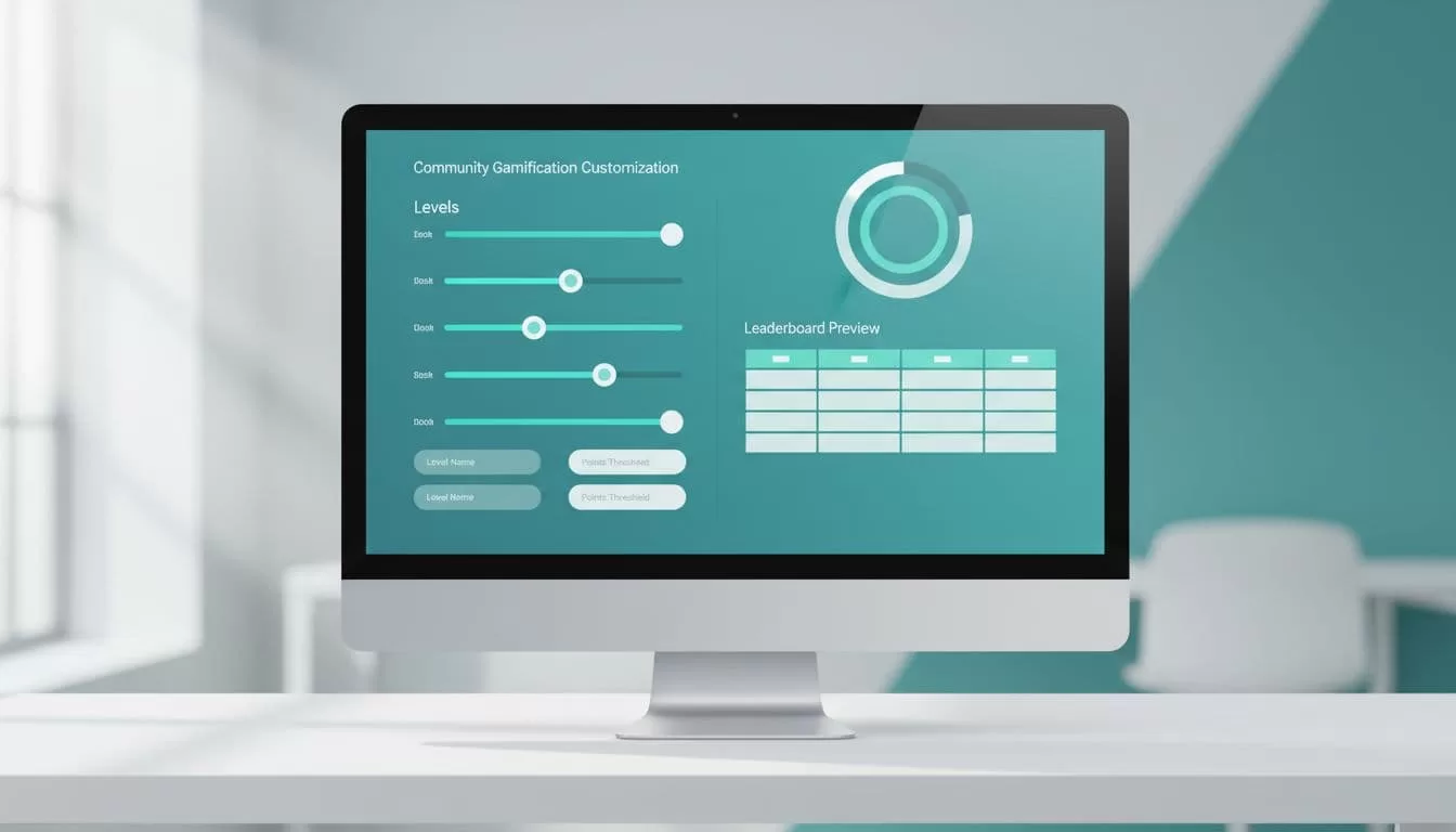 Desktop monitor shows admin dashboard with sliders for points thresholds, custom level names, and leaderboards.
