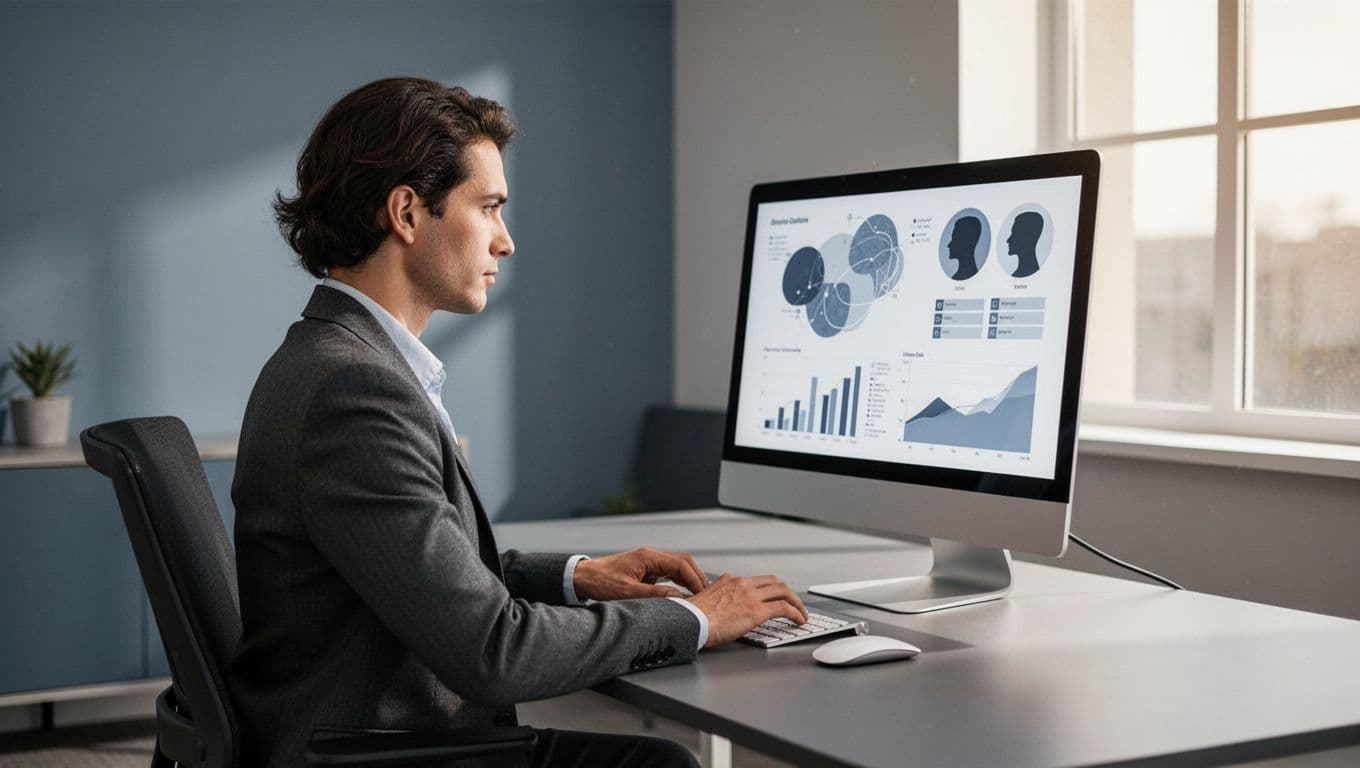 Agency owner at desk views desktop screen showing client portal dashboard with member profiles and analytics charts.
