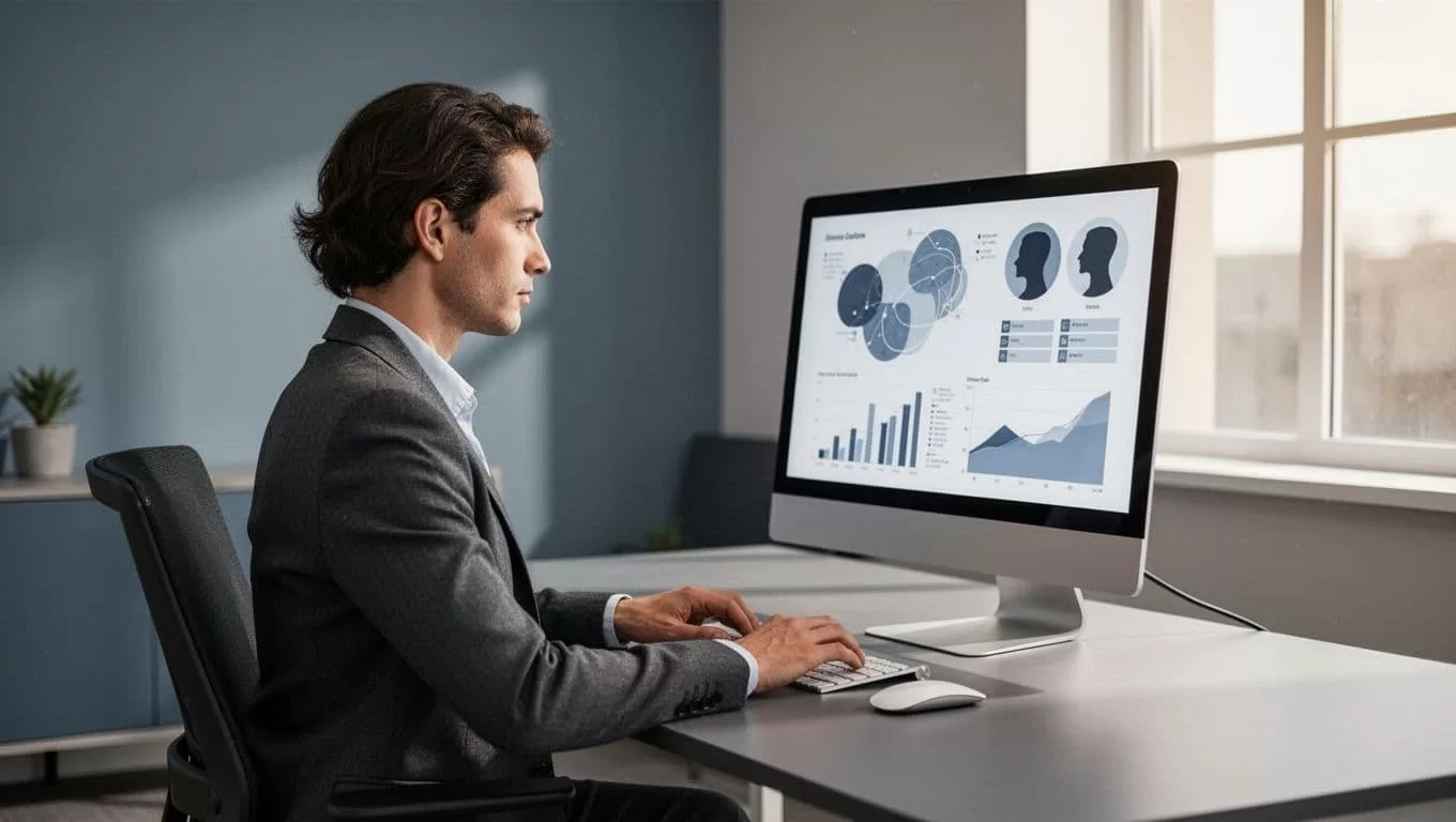 Agency owner at desk views desktop screen showing client portal dashboard with member profiles and analytics charts.