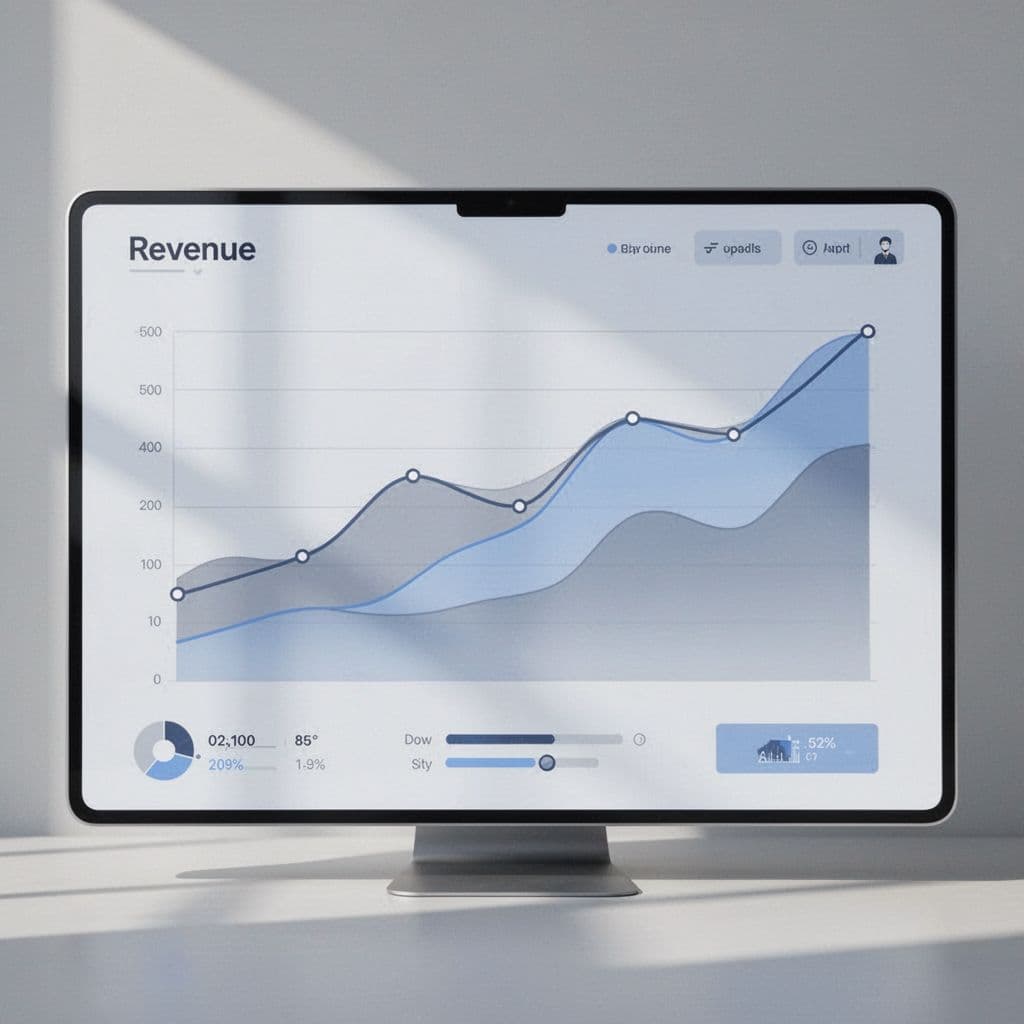 A clean dashboard interface displays simple line graphs representing subscription revenue trends with blue and grey accents.