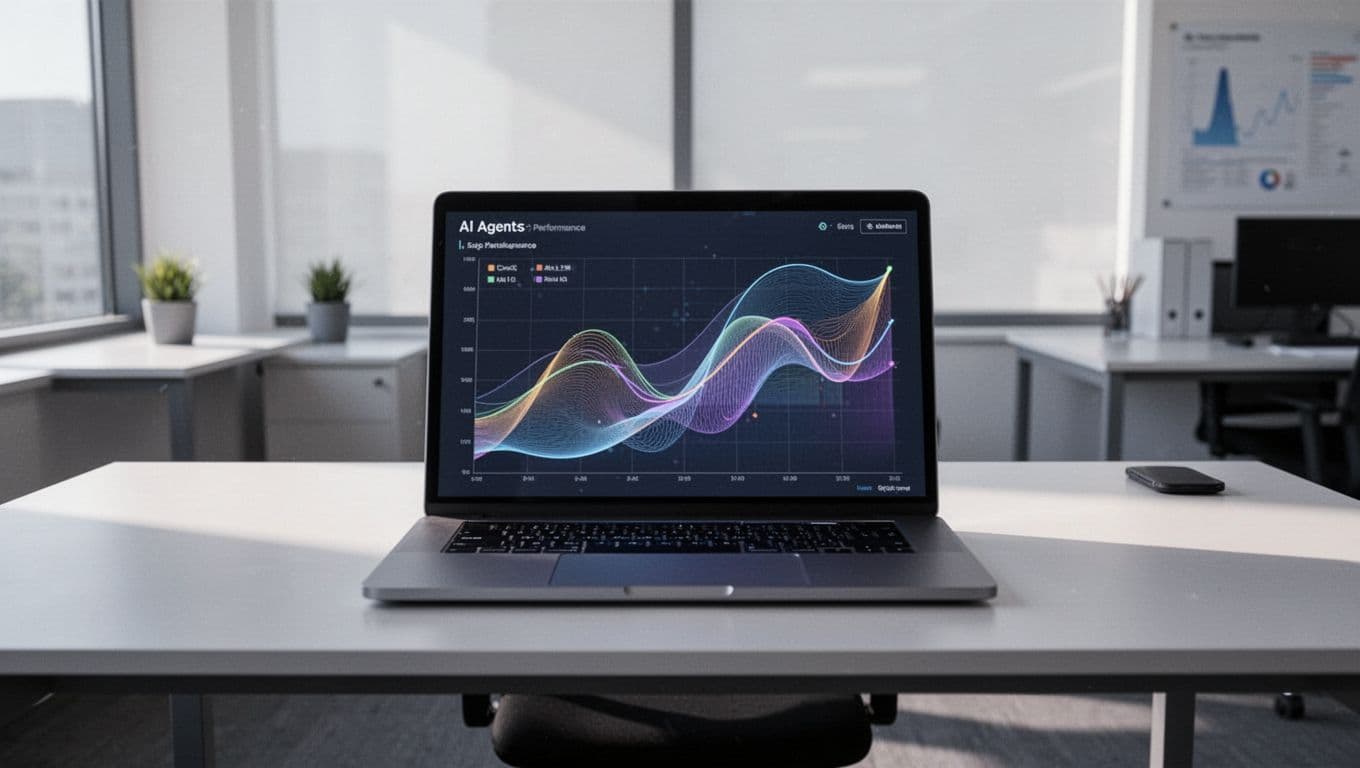 Laptop centered on desk displays dashboard with agent logs, runs, outputs, and subtle performance graphs.