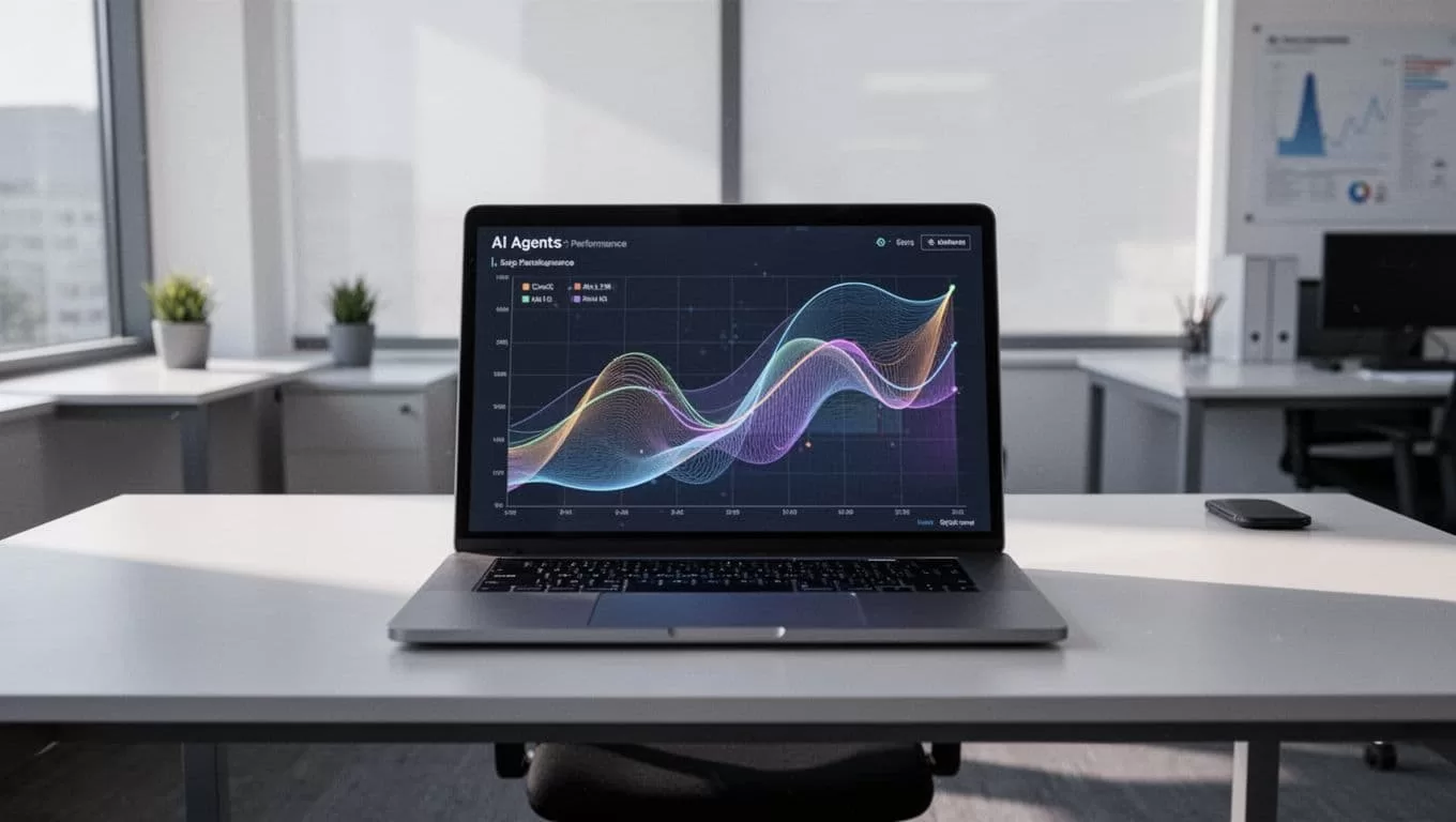 Laptop centered on desk displays dashboard with agent logs, runs, outputs, and subtle performance graphs.