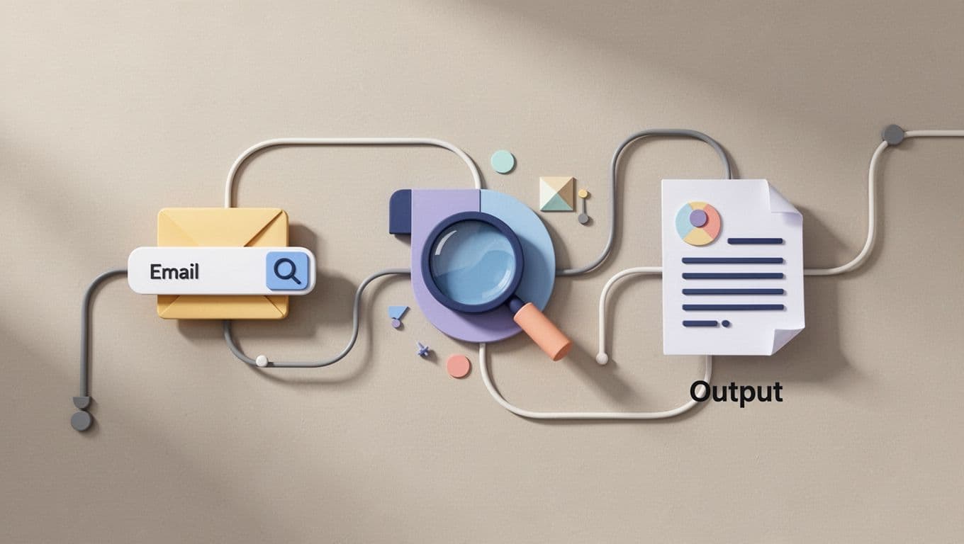 Abstract icons connected in flow from email input to browser research actions to report output.