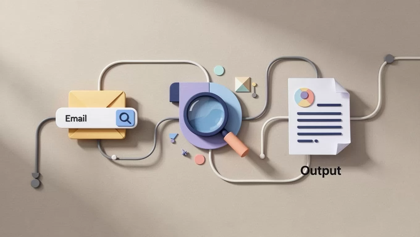 Abstract icons connected in flow from email input to browser research actions to report output.