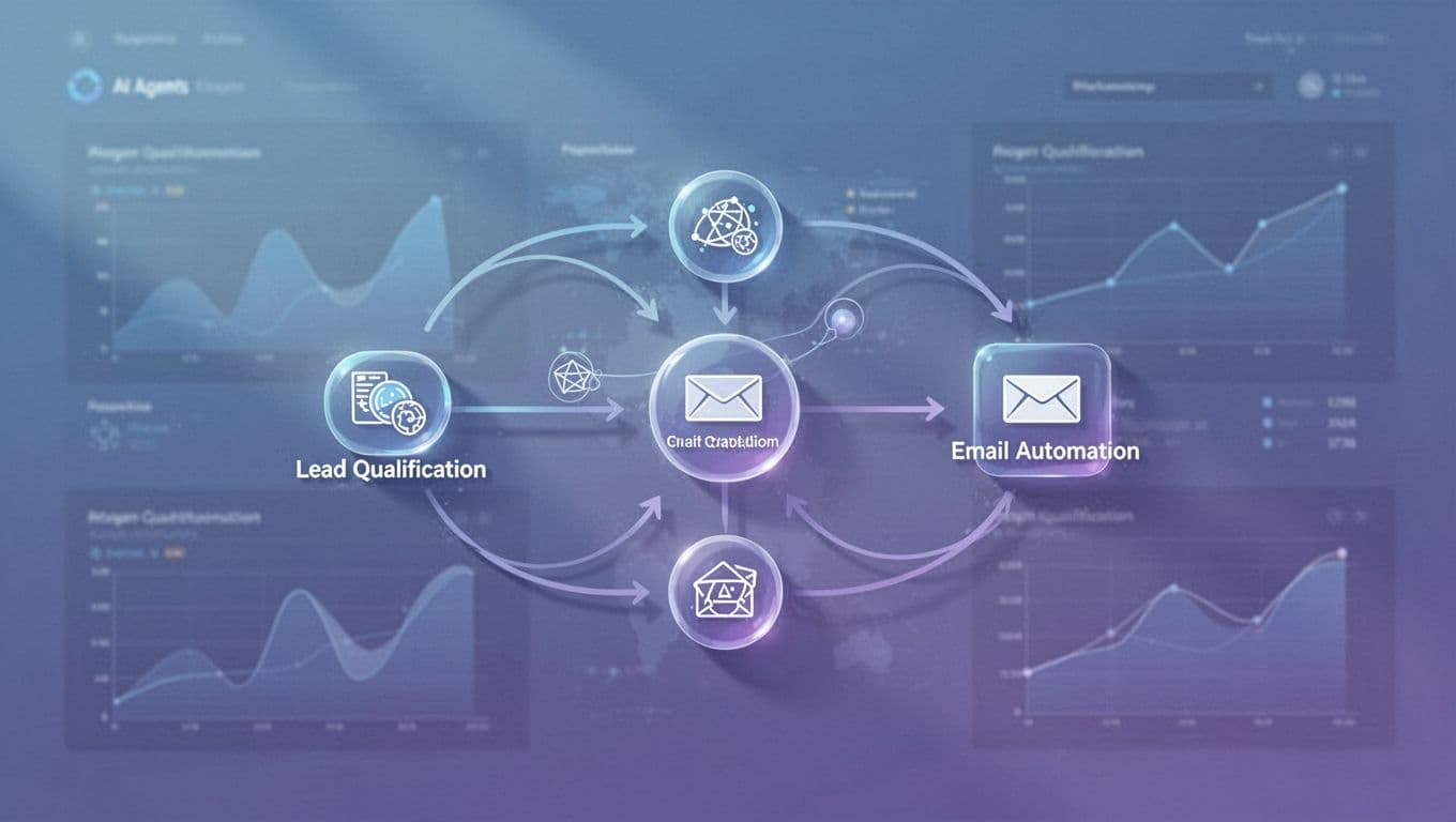 Abstract nodes show sales lead qualification and email automation in active workflow, metrics dashboard in background.