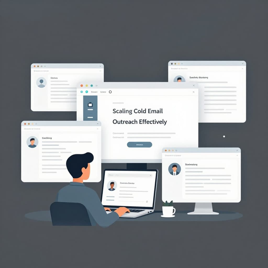 A digital worker icon manages multiple browser windows and data streams in a minimalist workspace.