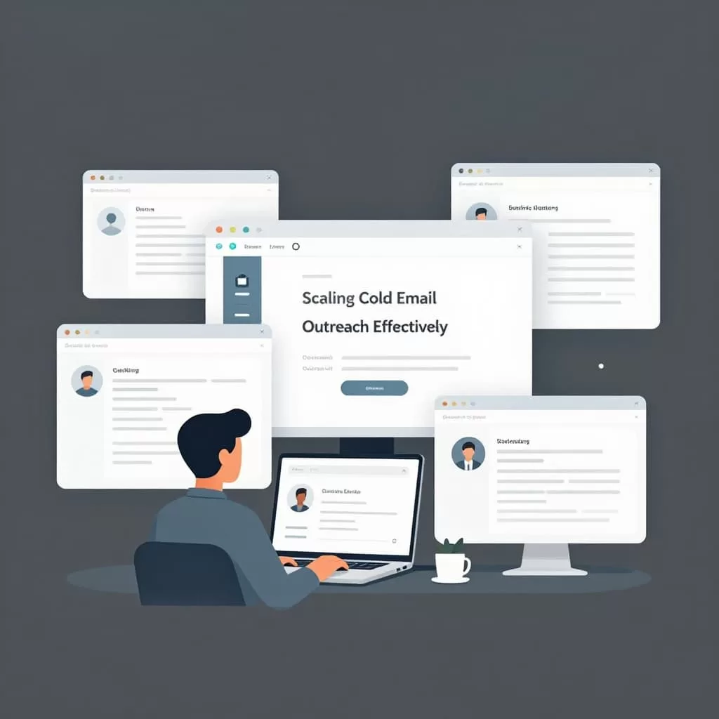 A digital worker icon manages multiple browser windows and data streams in a minimalist workspace.