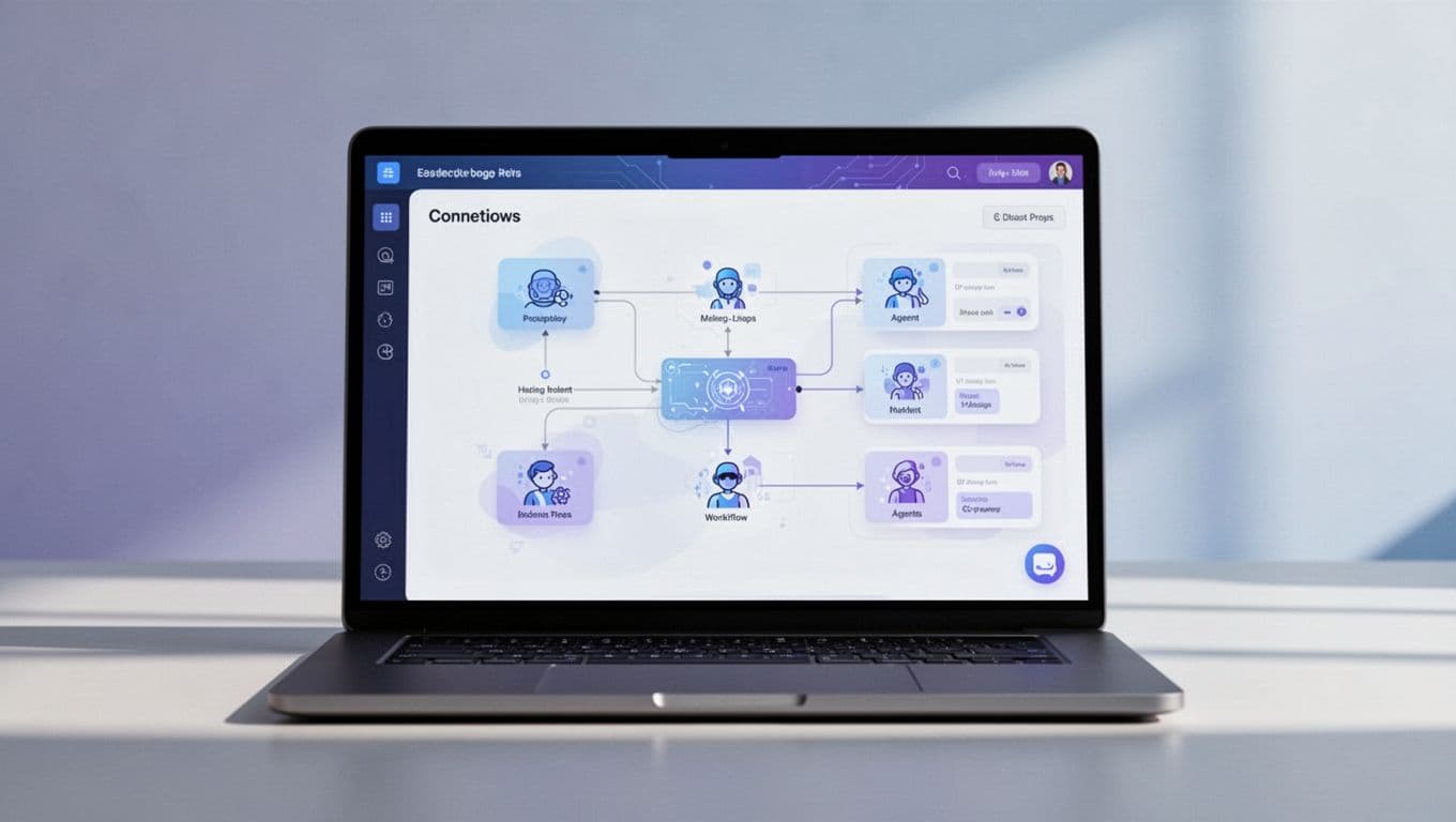 Laptop screen displays clean dashboard with connected workflow nodes, drag-and-drop panels, and agent icons in blue-purple tones.