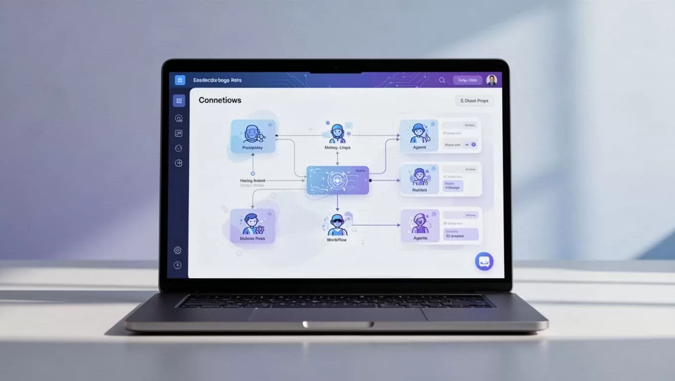 Laptop screen displays clean dashboard with connected workflow nodes, drag-and-drop panels, and agent icons in blue-purple tones.