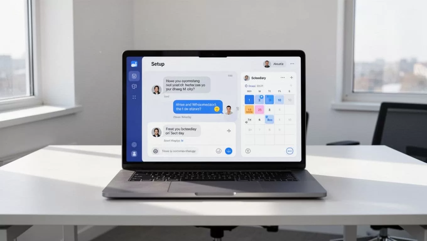 Laptop on office desk displays clean dashboard with AI agent configuration, chat panel, and schedule settings.