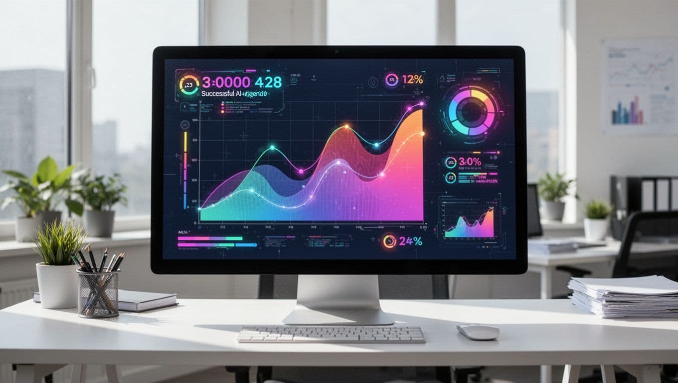 Single computer monitor in office shows dashboard with running AI agent status and graphs of receipt processing accuracy.
