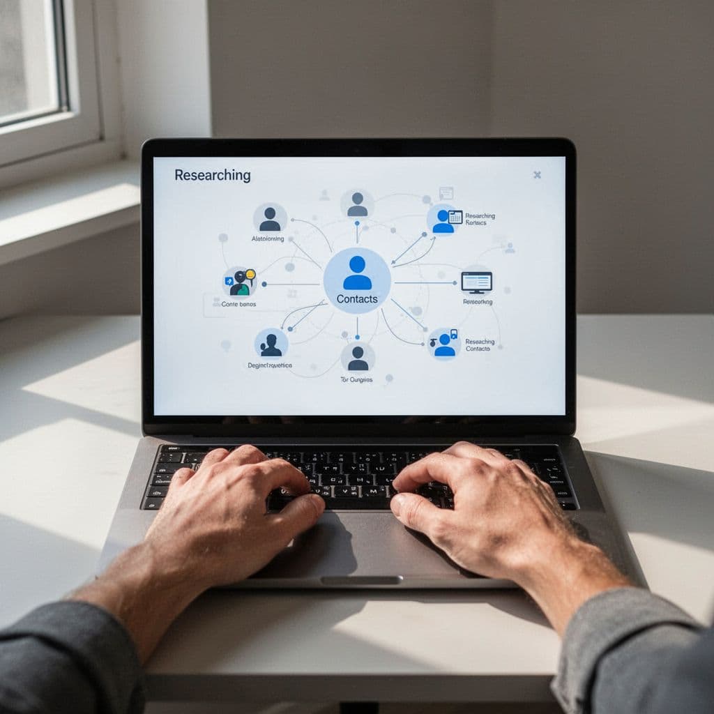 A clean digital interface on a laptop screen displays structured workflow steps for researching professional contacts.