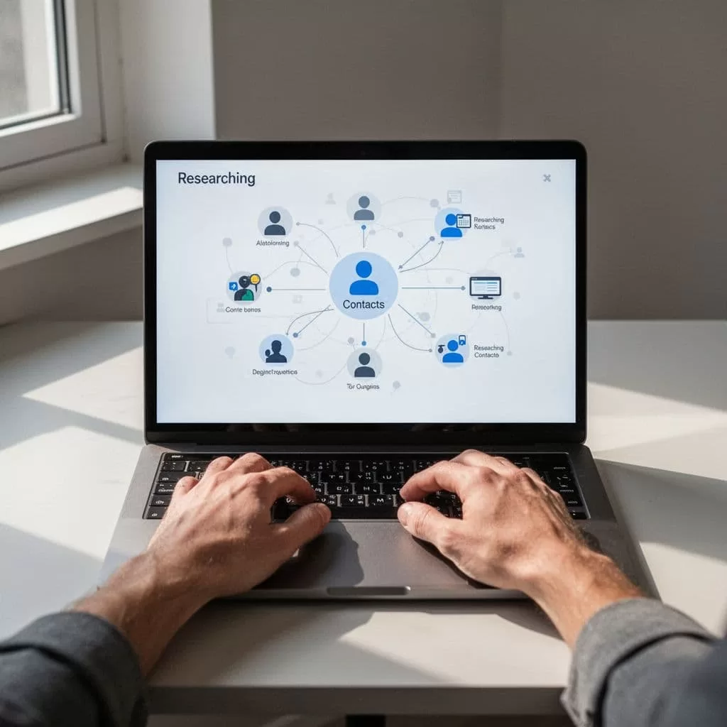 A clean digital interface on a laptop screen displays structured workflow steps for researching professional contacts.