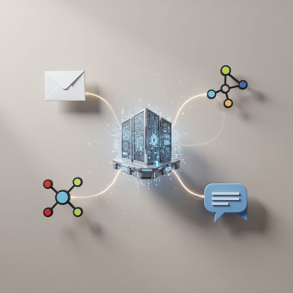 A central hub icon connects lines to three surrounding communication icons against a clean neutral background.