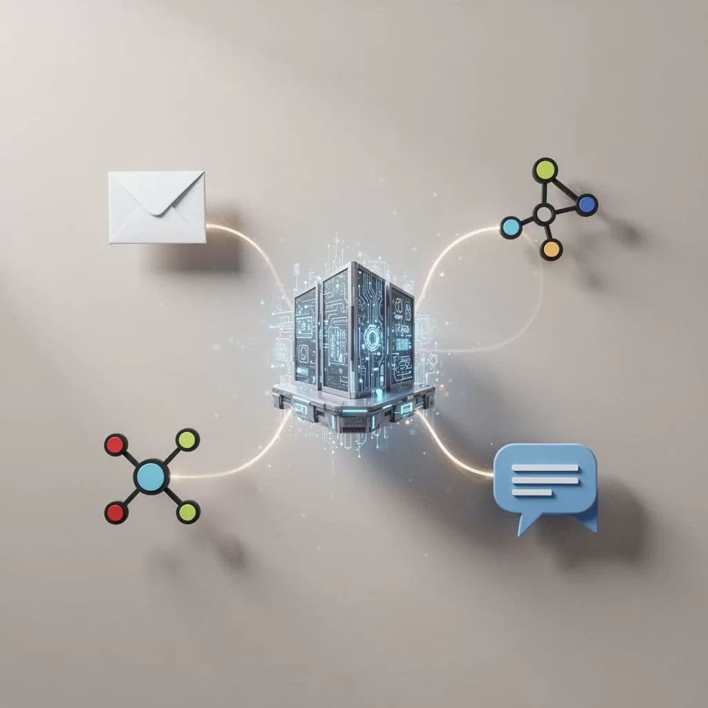 A central hub icon connects lines to three surrounding communication icons against a clean neutral background.