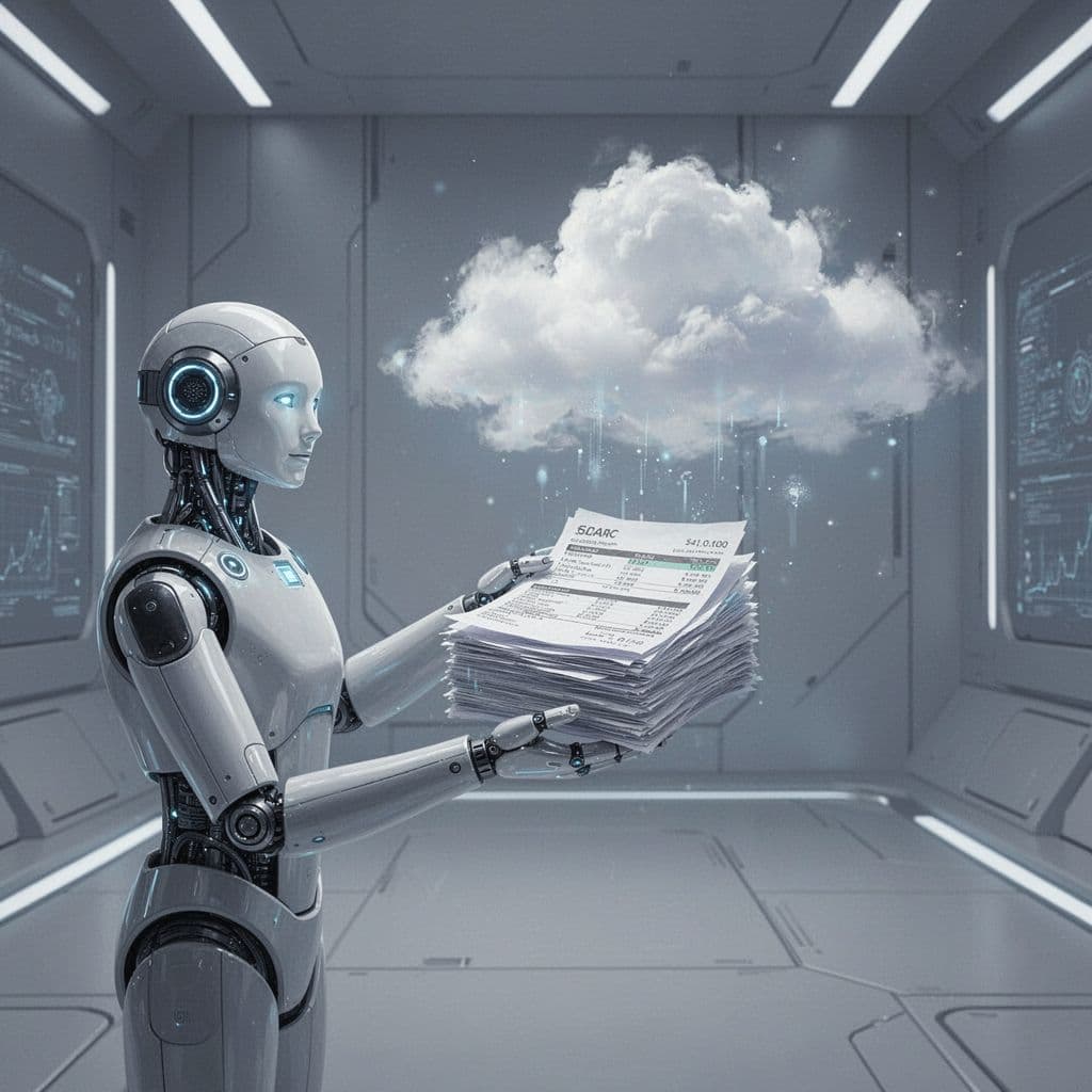 A digital worker connects stacks of financial documents to a cloud-based accounting platform.
