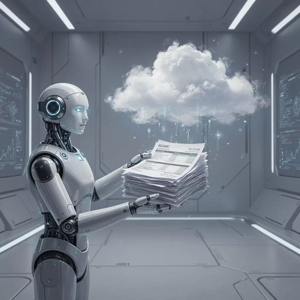 A digital worker connects stacks of financial documents to a cloud-based accounting platform.