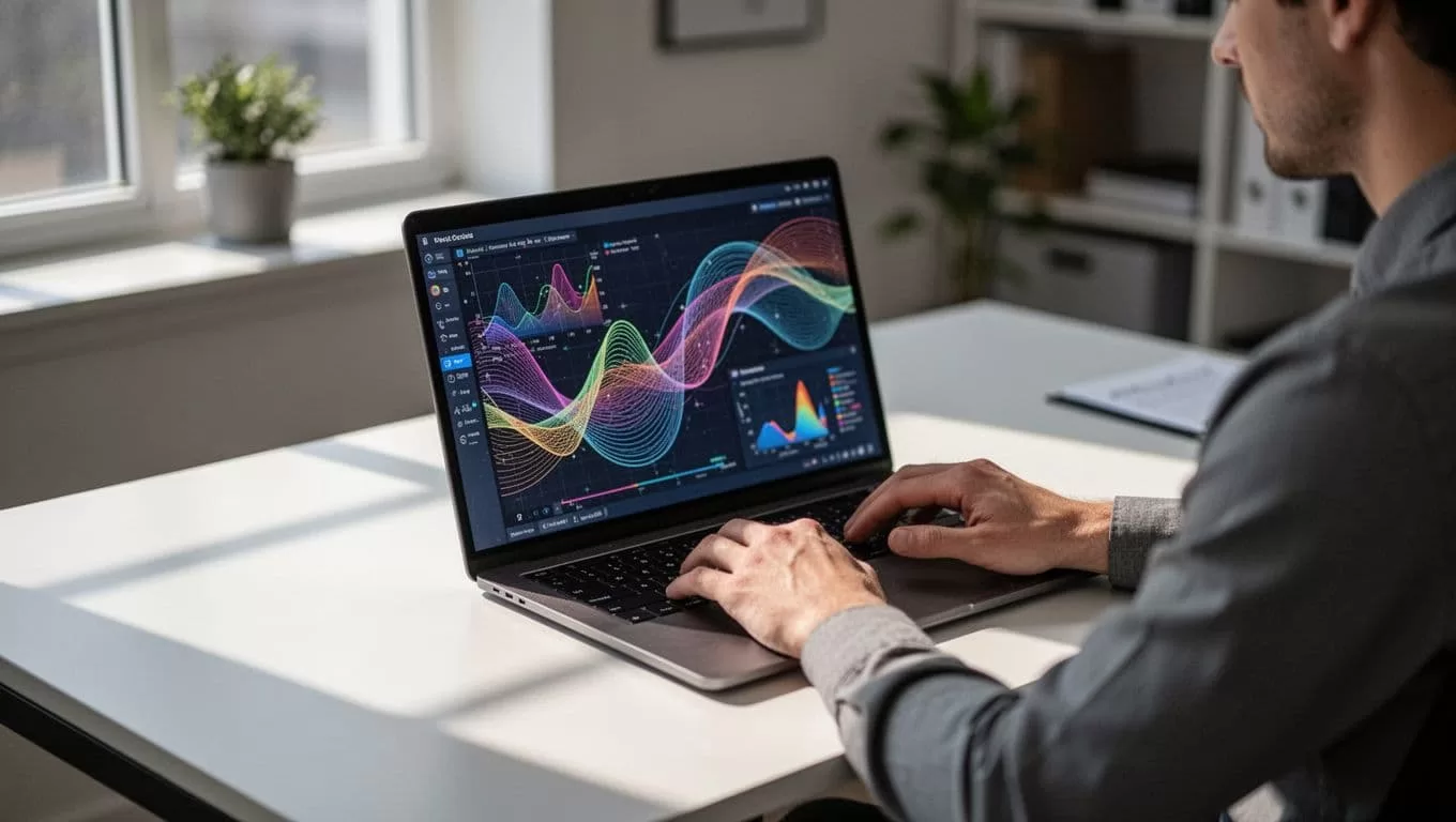 A focused person sits at a clean desk using a laptop that displays colorful, abstract data charts and complex flow patterns. Soft ambient lighting highlights the professional workstation setup.