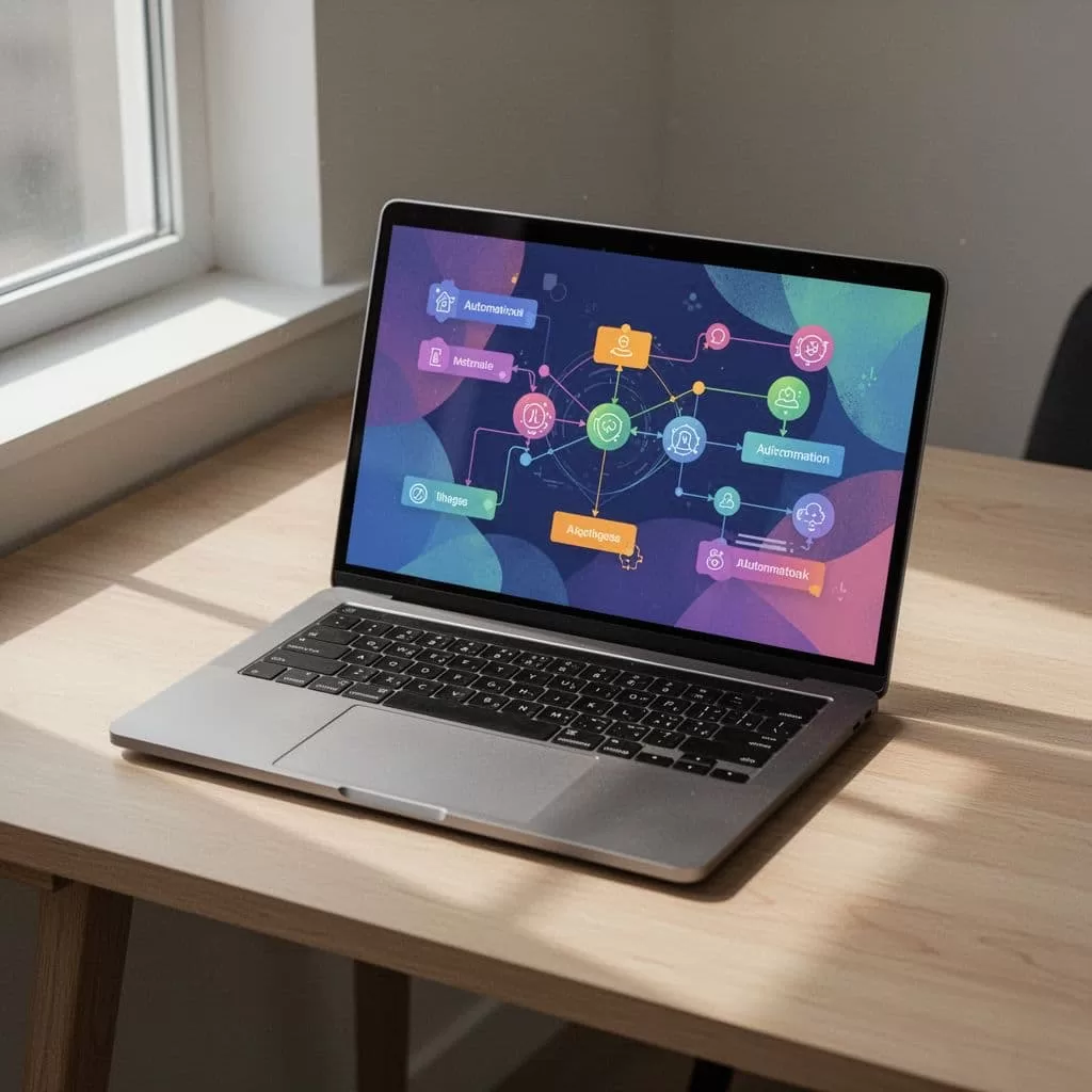 A high-end laptop rests on a minimalist wooden desk, displaying colorful abstract nodes and workflow diagrams across the screen. Soft sunlight illuminates the clean workspace, highlighting the digital system design.