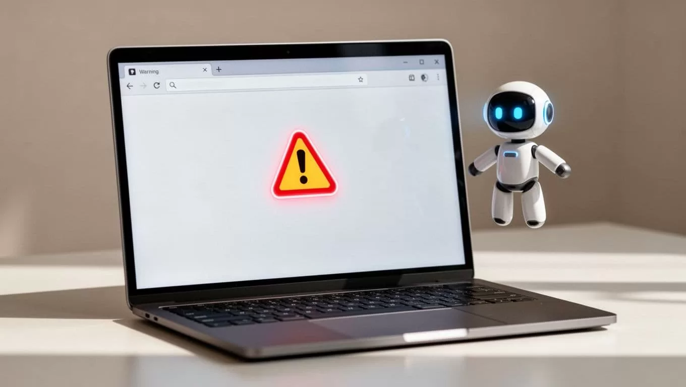 A digital illustration displays a web browser window featuring a prominent error alert alongside a minimalist virtual assistant icon. Soft lighting highlights clean geometric shapes against a muted, professional backdrop.