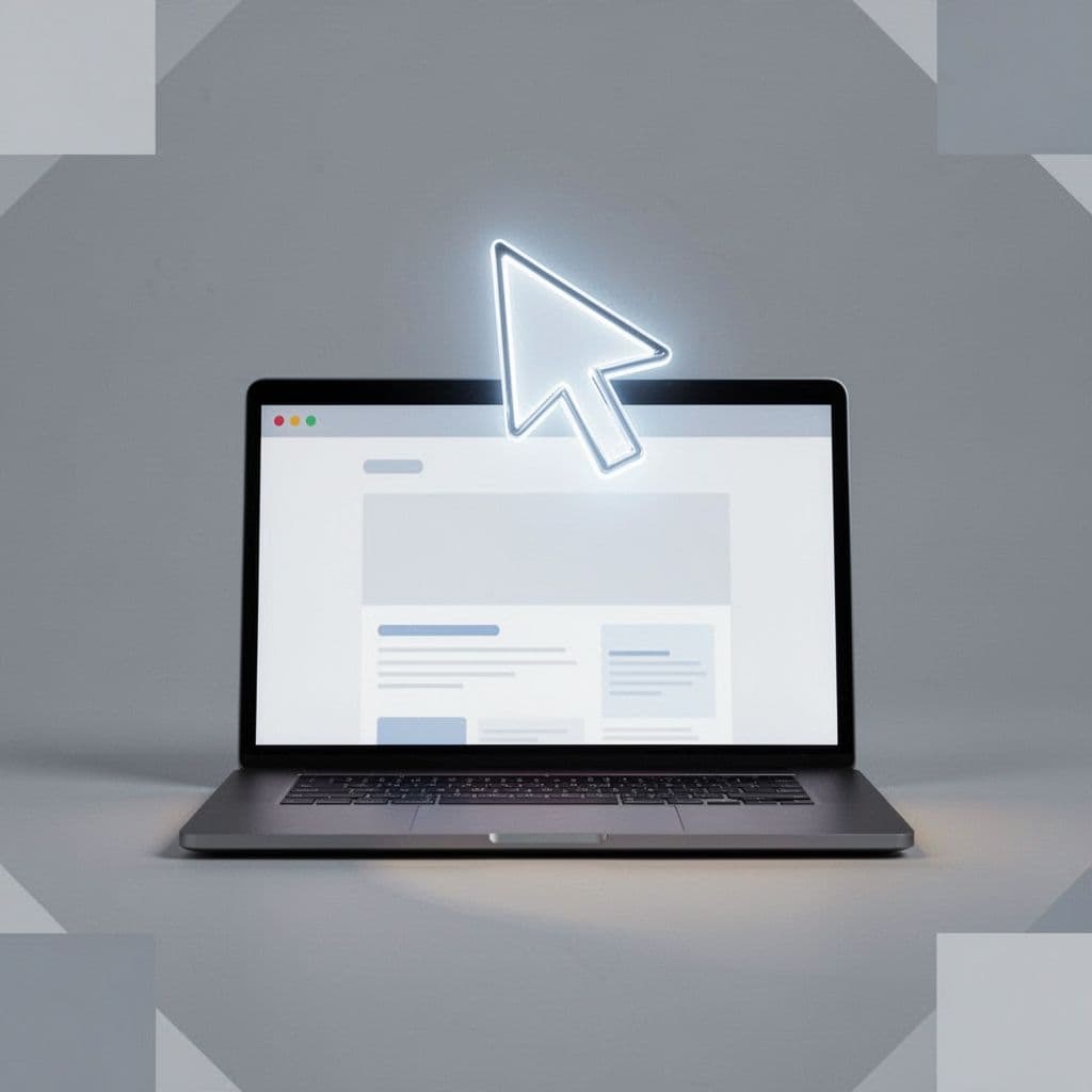 A minimalist laptop screen displays a glowing cursor icon interacting with a digital webpage. Geometric shapes float on a soft gray background, emphasizing a clean and efficient data processing workflow.