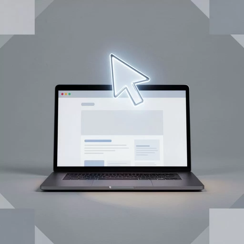 A minimalist laptop screen displays a glowing cursor icon interacting with a digital webpage. Geometric shapes float on a soft gray background, emphasizing a clean and efficient data processing workflow.