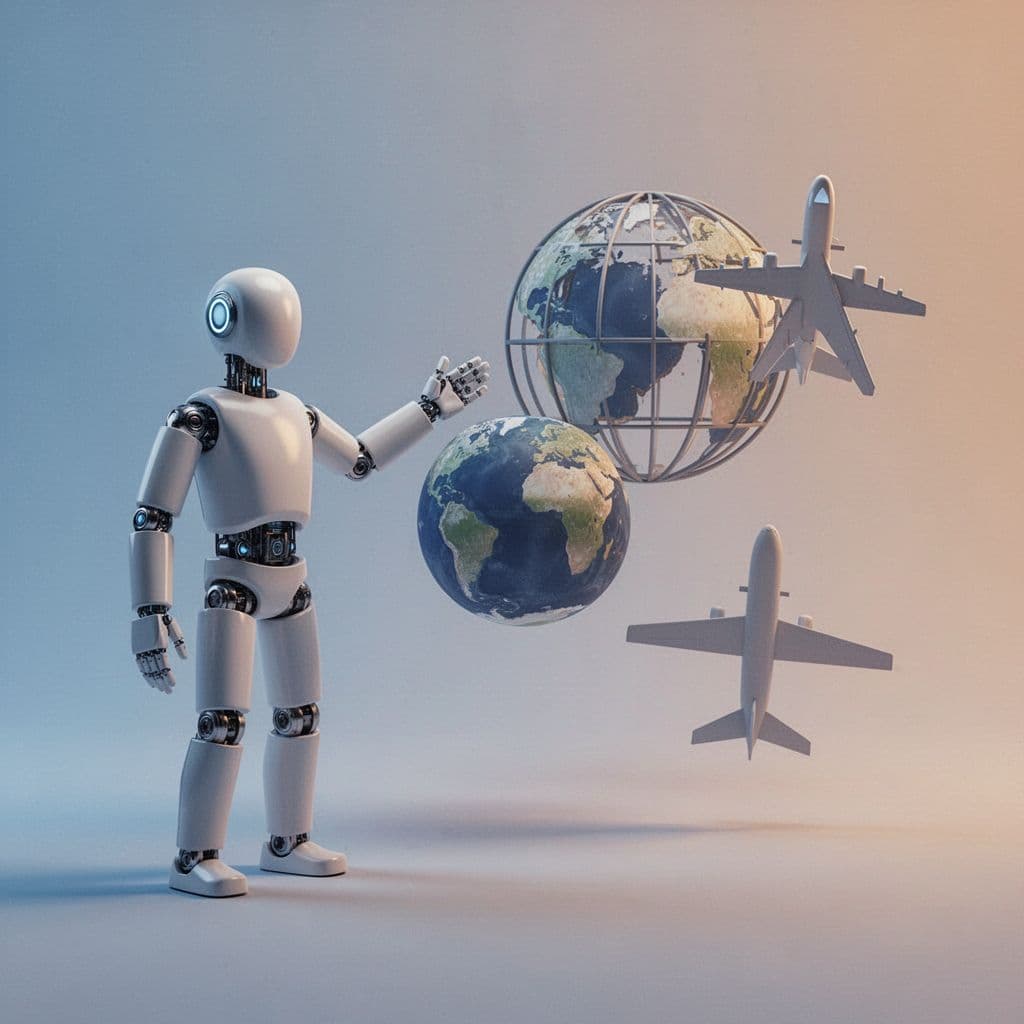 A minimalist graphic showing a stylized agent icon interacting with a digital globe and airplane symbols.