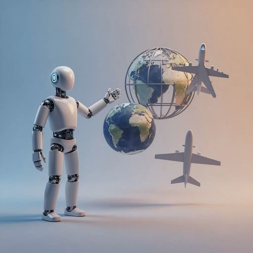 A minimalist graphic showing a stylized agent icon interacting with a digital globe and airplane symbols.