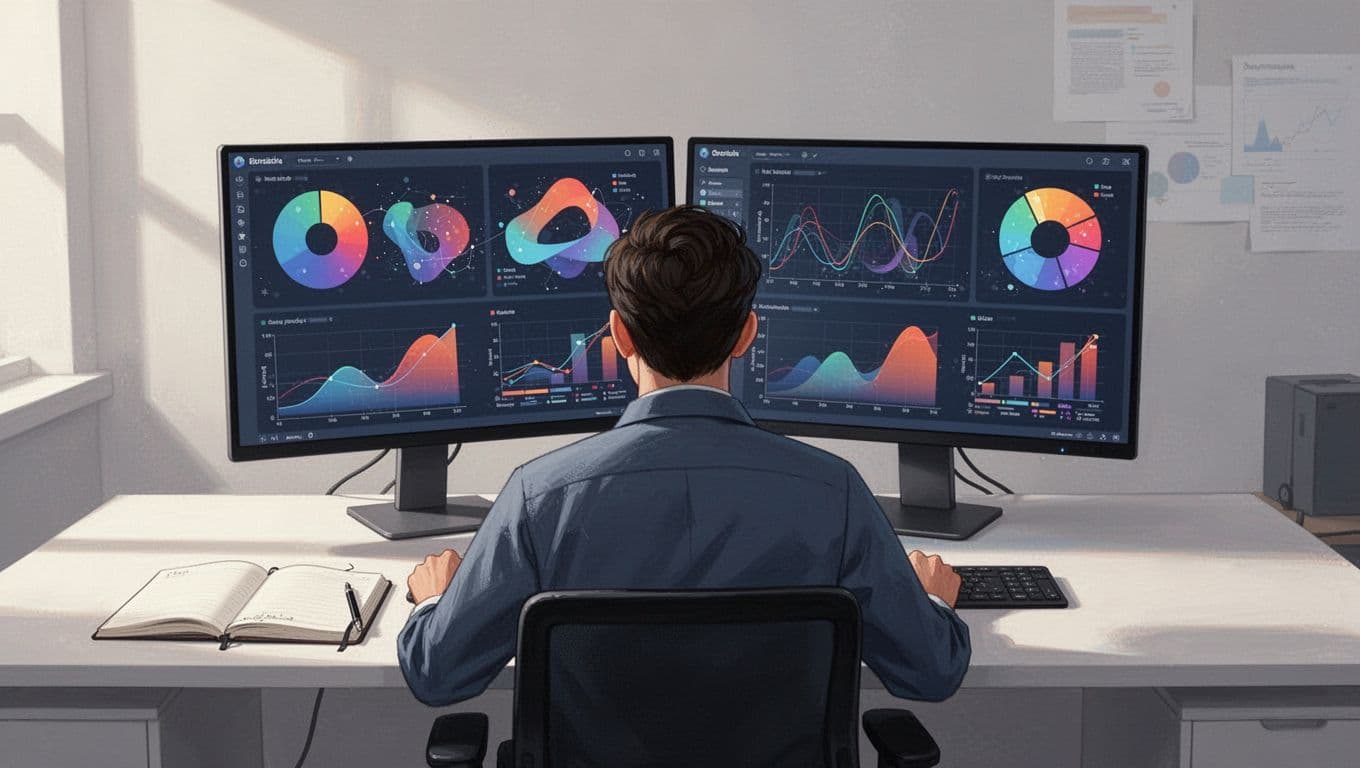 Person analyzes charts and data tables from Amazon products on dual monitors at organized desk.