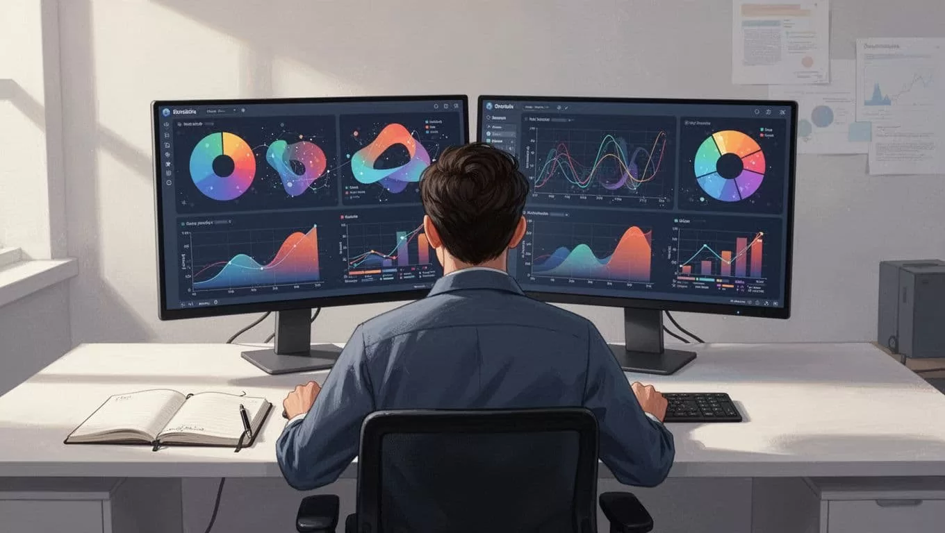Person analyzes charts and data tables from Amazon products on dual monitors at organized desk.