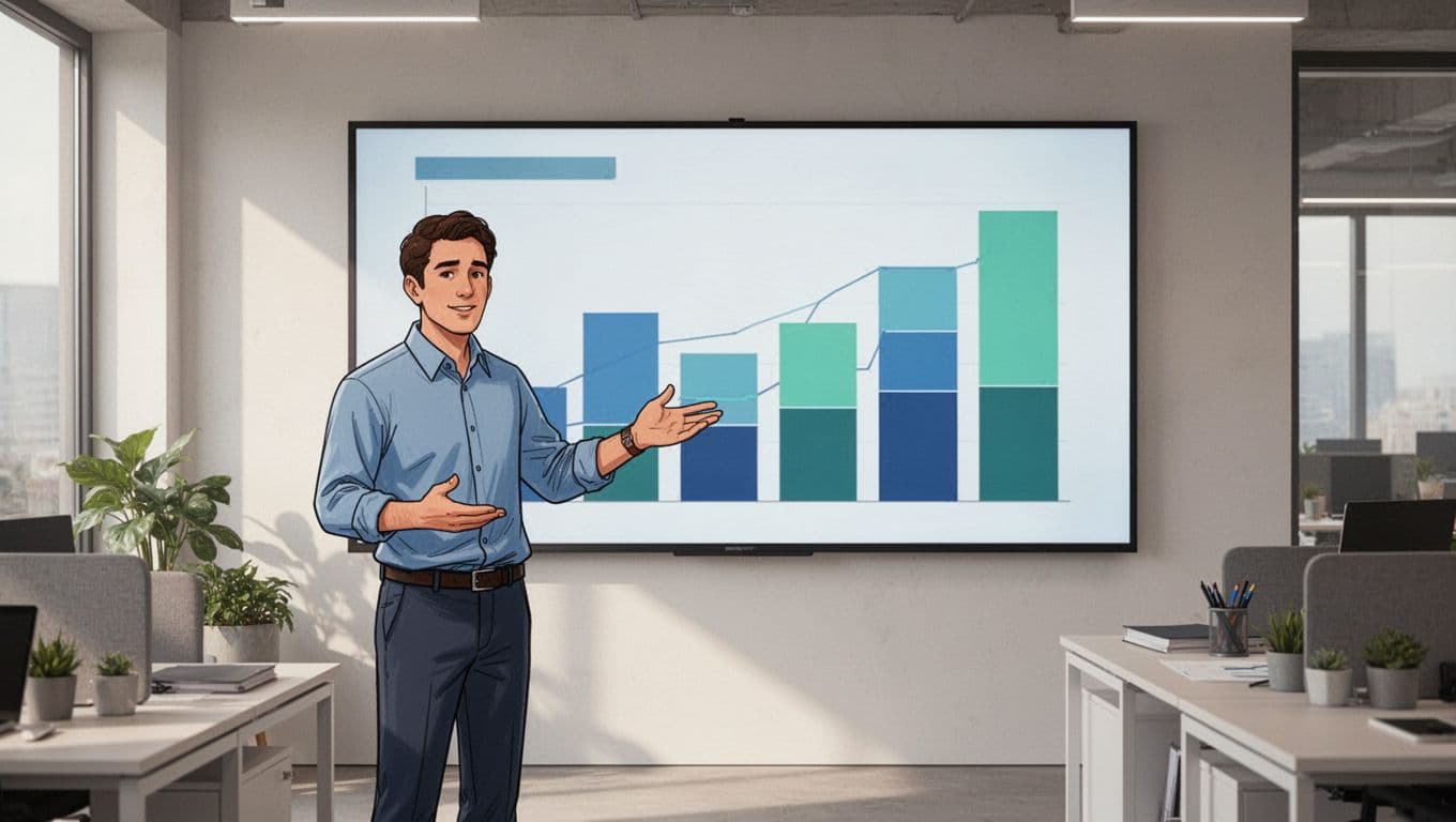 Analyst points at large screen showing segmented bars of trial cohort analysis from signups to paid conversions in workspace.