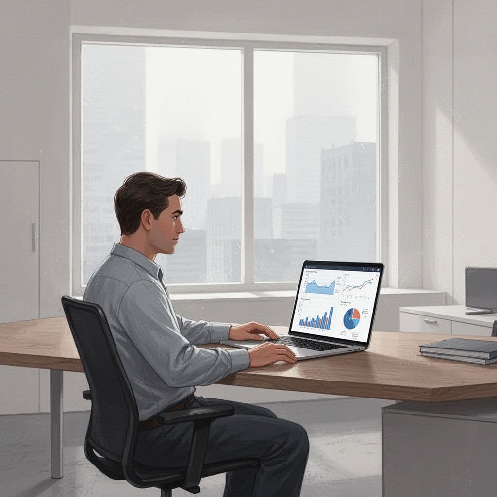 A professional sits at a clean wooden desk viewing data charts on a laptop screen.