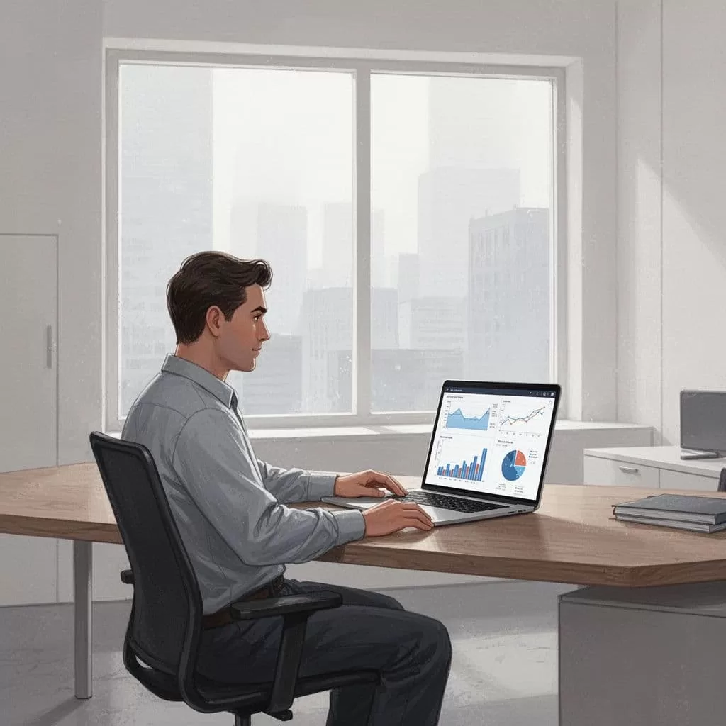 A professional sits at a clean wooden desk viewing data charts on a laptop screen.