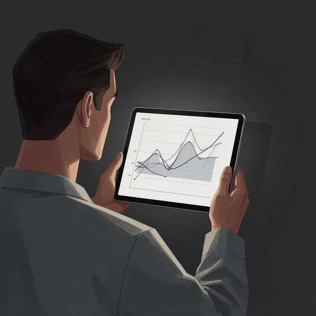 A person views abstract line graphs and data visualizations on a tablet screen in a dimly lit setting.