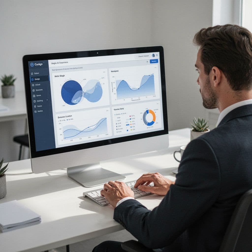 A person views a data dashboard on a desktop computer in a modern office.