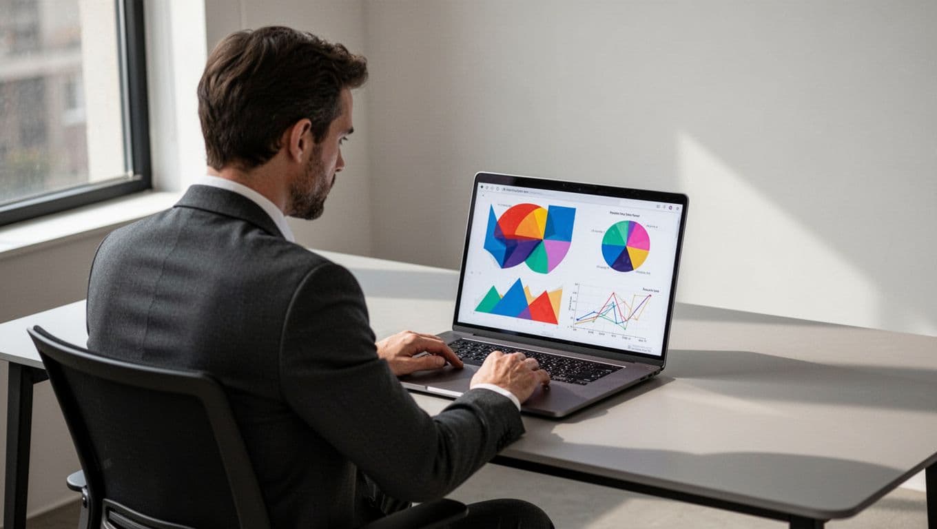 A professional sits at a desk reviewing abstract data charts and graphs on a modern computer screen.