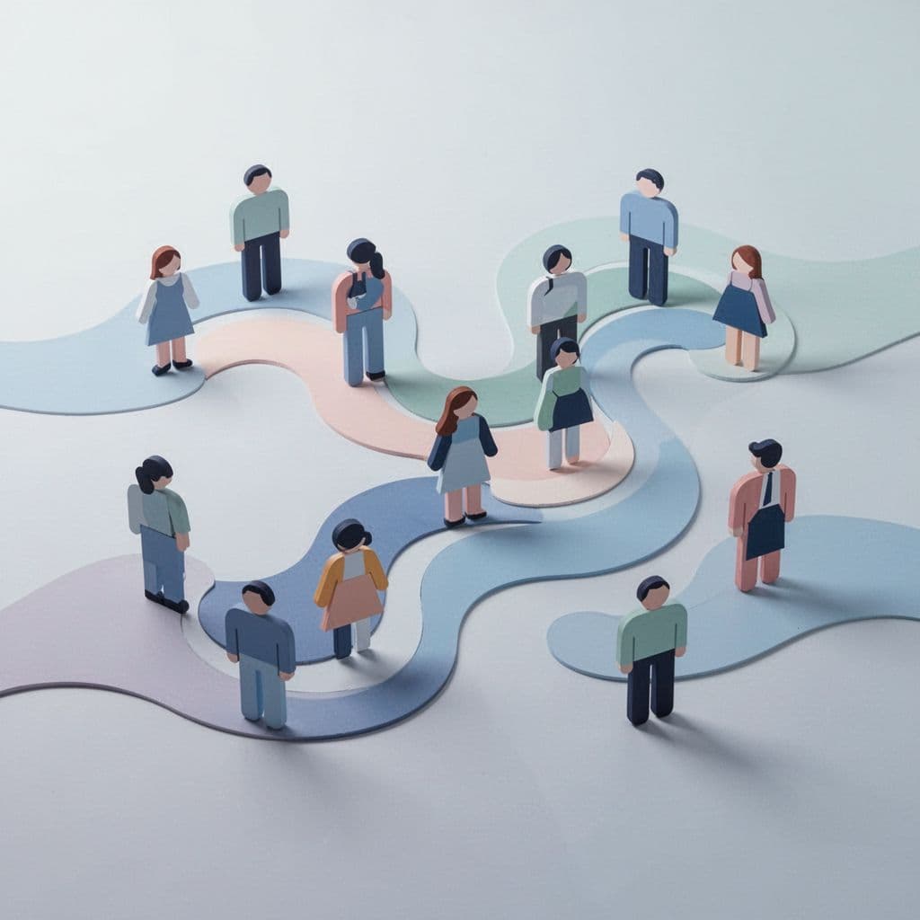 Abstract shapes and grouped figures represent segmented data patterns and user behavior analysis.
