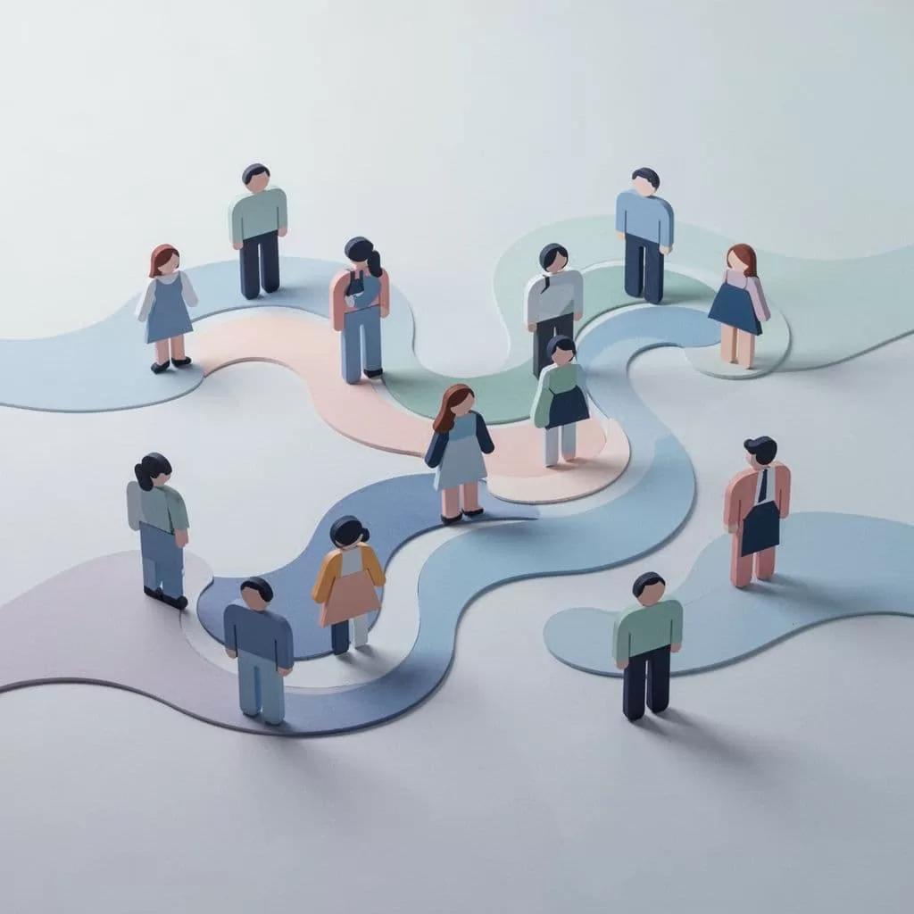 Abstract shapes and grouped figures represent segmented data patterns and user behavior analysis.
