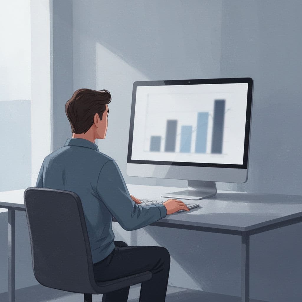 A person sits at a desk viewing bar charts on a computer screen in a modern office.