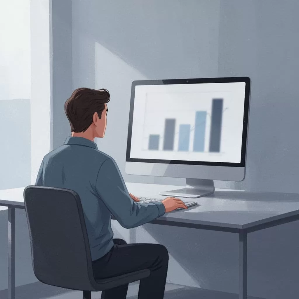 A person sits at a desk viewing bar charts on a computer screen in a modern office.